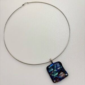 Hand Blown One of a Kind Glass Pendant Artist Signed Silver Choker Necklace